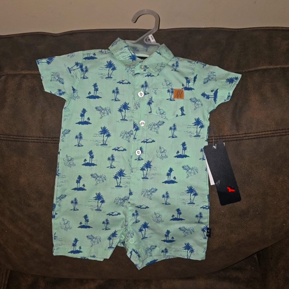 Boys button up Polo Romper with Tropical Design Size 6/9M